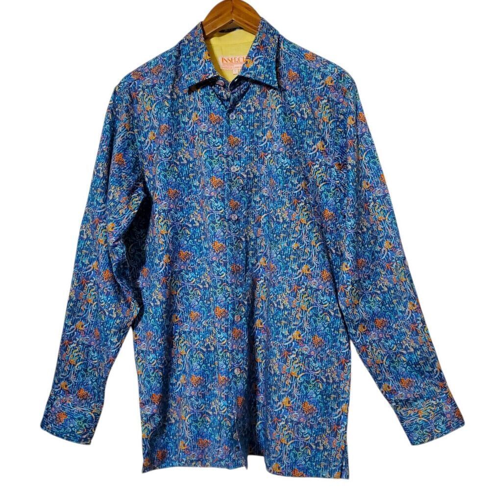 Inserch Linen Blend Shirt Size L Geometric Abstract Paisley Button-Up Mens